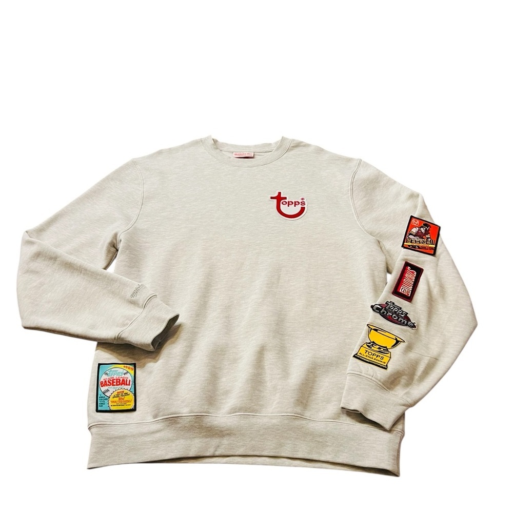 Mitchell & Ness Gray Topps Crewneck with Colorful Baseball Patches Size Large